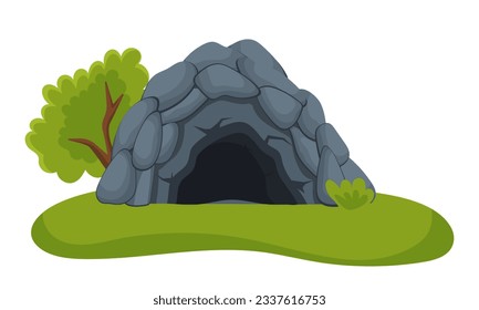 A stone age cave isolated on a white background on a green lawn. Cartoon vector