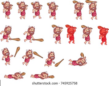 Stone Age Cave Man Carrying Baton Game Character Animation Sprite