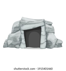 Stone age cave from rocks in cartoon style isolated on white background. Prehistoric, ancient object of evolution, caveman home, outdoor. Detailed drawing with cracked elements, ui game assets.