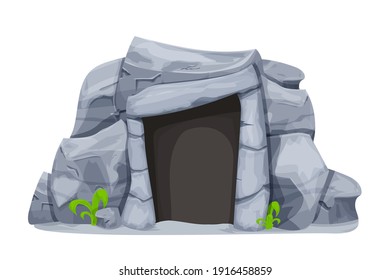 Steinalterhöhle aus Felsen im Cartoon-Stil einzeln auf weißem Hintergrund. Prähistorisches, uraltes Objekt der Evolution, Caveman-Haus, draußen. Detaillierte Zeichnung mit gecrackten Elementen, ui-Spielobjekten.