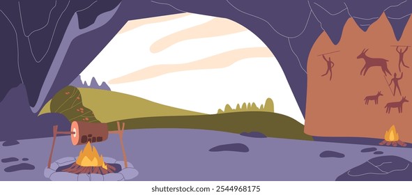 Stone Age Cave Scene With Vibrant Ancient Wall Art And Primal Cooking Setup Over An Open Fire. The Backdrop Features Serene Natural Landscape, Evoking A Sense Of Prehistoric Life And Human Creativity