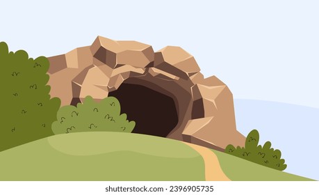 Stone age cave. Vector illustration drawing in cartoon flat style. Entrance in rock. Old passage into cavern to dark underground depths. Located on green hill surrounded by bushes.