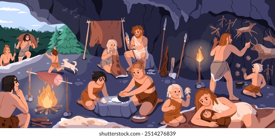 Stone Age, cavemen, prehistoric people life in ancient cave. Prehistory family, tribe, neanderthal group camp with fire, food, wall paintings. Flat vector illustration isolated on white background