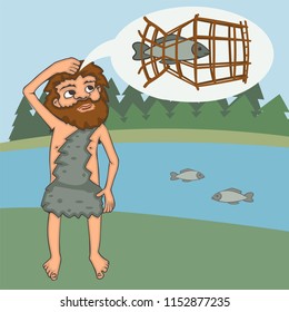 stone age character invents fish trap, vector cartoon illustration of prehistoric technology