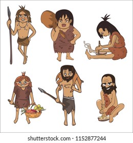 stone age characters cartoon set, vector illustration of prehistoric human activities