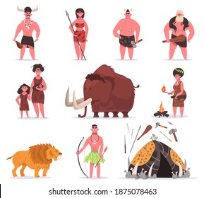 Stone age characters. Caveman, primitive characters with ancient animals and weapons, tool. Primitive prehistoric period vector illustration set. Neanderthal Evolution, prehistoric primitive people