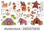 Stone age characters. Primitive culture elements, people dressed in animal skins, pottery and stone utensils and weapons, prehistoric family cartoon flat style isolated tidy vector set