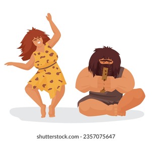 Stone age couple having fun. Primitive amusement activities, ancient lifestyle cartoon vector illustration