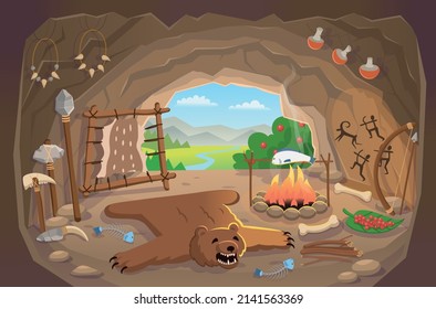  Stone Age. Cozy Ancient Man's Cave Interior With Bear Carpet, Fire, Weapon, Necklace From Bones, Cave Drawings. Animal Skin On A Frame For Drying. Set Tools Of Prehistoric Man. Cartoon Style.