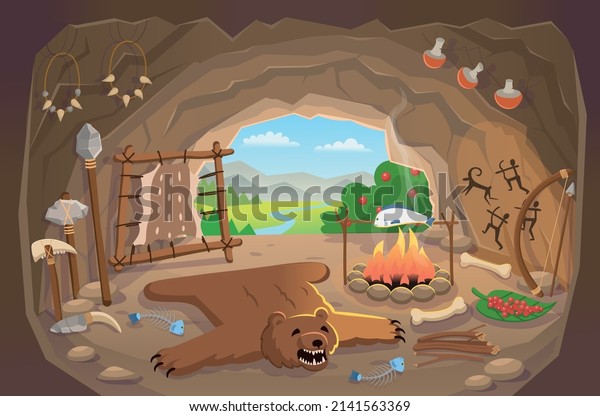 \
Stone age. Cozy ancient man\'s cave interior with bear carpet, fire,\
weapon, necklace from bones, cave drawings. Animal skin on a frame\
for drying. Set tools of prehistoric man. Cartoon\
style.