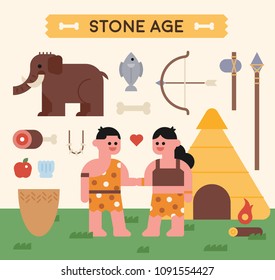 stone age cute characters and object icons. flat design style vector illustration set