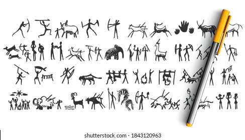 Stone age doodle set. Collection of pencil pen ink hand drawn sketches templates patterns of prehistoric men women hunting cooking and gathering. Cavemen rock painting illustration