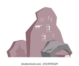Elemento idade da pedra. Desenhos em pedra e pedra. Paleontologia e arqueologia, história. Elemento gráfico para site. Ilustração de vetor plano isolada no plano de fundo branco