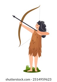 Stone age element. Tribal woman with arrow. Paleontology and archeology, history. Prehistoric era. Wild hunter. Poster or banner. Flat vector illustration isolated on white background