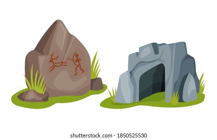 Stone Age Elements with Stone Cave as Shelter Vector Set