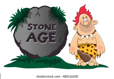 Stone age engraving on a big tablet rock with caveman. Flat style vector illustration isolated on white background.