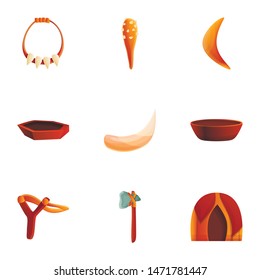 Stone age equipment icon set. Cartoon set of 9 stone age equipment vector icons for web design isolated on white background