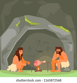 Stone Age Family Couple Cooking Meat On Open Fire Next To Their Cave Home. Vector Flat Style Design Illustration.