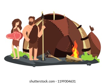 Stone age family with fireplace, food and home. Vector illustration