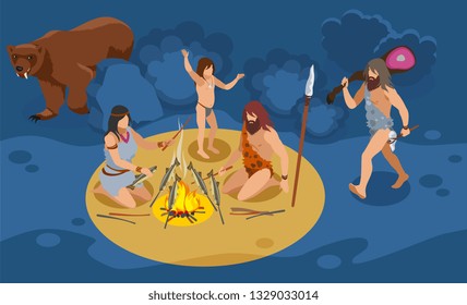 Stone age family isometric composition with hunting and cooking  symbols vector illustration