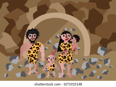 A stone age family stand next to their Cave Home