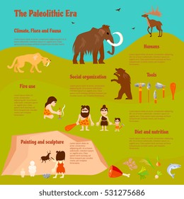 Stone age flat infographics with tribe caveman ancient animals weapon activities and food vector illustration