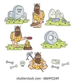 Stone age flat line icons set with caveman different pose, tools, food, fire, dinosaur eggs, skulls and bones isolated on white. Vector illustration