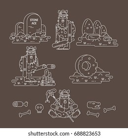 Stone age flat line icons set with caveman different pose, tools, food, fire, dinosaur eggs, skulls and bones isolated on white. Vector illustration