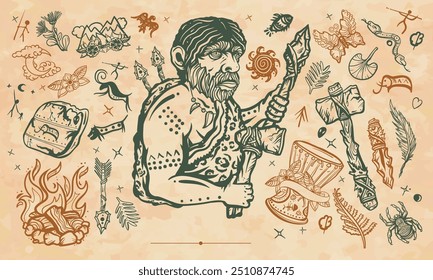Moldura da idade da pedra. Homem-caverna neandertal, caçando mamute. Vetor de papel antigo. Elementos neolíticos e paleolíticos. Modelo de folha de rosto. Homem-caverna neandertal, caçando mamute. Histórico