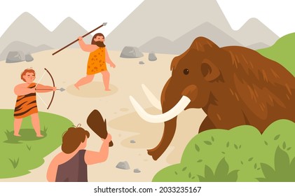 Stone age hunting. Ancient men chasing mammoth animal, angry man pursuit prey, neolithic prehistoric people with primitive weapons, bow and arrow, spear and club vector cartoon concept