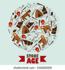 Stone age icons in round frame composition, vector illustration. Book cover with symbols of ice age, Neolithic era. Mammoth, saber-toothed lion, tent, bonfire and primitive tools of stone age cavemen