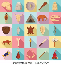 Stone age icons set. Flat set of stone age vector icons for web design