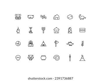 Iconos de la Edad de Piedra. colección de símbolos de estilo lineal, paquete de signos de línea. gráficos vectoriales. El juego incluye iconos como pintura caverna, esqueleto de dinosaurio, Moai, Mammoth, Fossil, Stonehenge