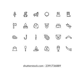 Iconos de la Edad de Piedra. colección de símbolos de estilo lineal, paquete de signos de línea. gráficos vectoriales. El juego incluye iconos como pintura caverna, esqueleto de dinosaurio, Moai, Mammoth, Fossil, Stonehenge