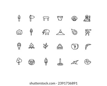 Iconos de la Edad de Piedra. colección de símbolos de estilo lineal, paquete de signos de línea. gráficos vectoriales. El juego incluye iconos como pintura caverna, esqueleto de dinosaurio, Moai, Mammoth, Fossil, Stonehenge