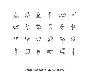 Iconos de la Edad de Piedra. colección de símbolos de estilo lineal, paquete de signos de línea. gráficos vectoriales. El juego incluye iconos como pintura caverna, esqueleto de dinosaurio, Moai, Mammoth, Fossil, Stonehenge