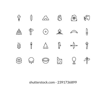 Stone Age icons set. linear style symbols collection, line signs pack. vector graphics. Set includes icons as Cave painting, Dinosaur skeleton, Moai, Mammoth, Fossil, Stonehenge