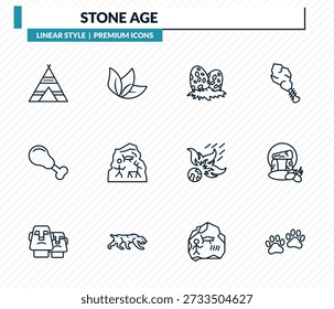 stone age icons set - tipi, leaf, diaur egg, stonehenge, paw print outline vector collection.