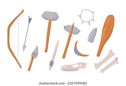 Instrumentos de la edad de piedra. Herramientas de caza primitivas, ilustraciones vectoriales de estilo de vida antiguo