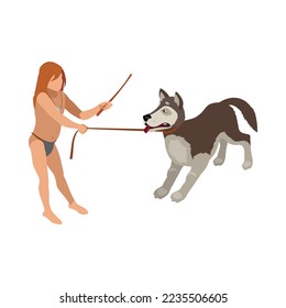 Stone age isometric composition with prehistoric human character and dog on blank background vector illustration