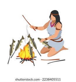 Composición isométrica de la edad de piedra con carácter humano prehistórico en ilustración vectorial de fondo en blanco