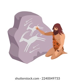 Stone age isometric composition with prehistoric human character on blank background vector illustration