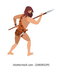 Stone age isometric composition with prehistoric human character on blank background vector illustration
