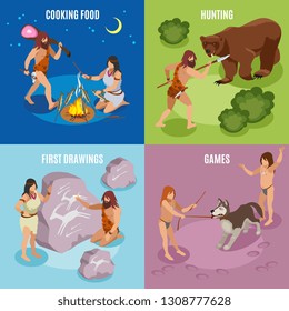 Stone age isometric concept icons set with games and drawings symbols isolated vector illustration