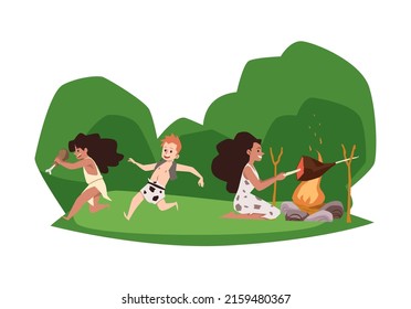 Stone age kids run with food while mother grilling animal bone, flat vector illustration isolated on white background. family near fire. Prehistoric people cooking.