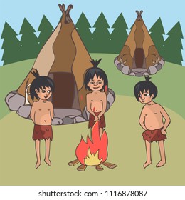 stone age kids watching bonfire, funny vector cartoon illustration primitive humans life