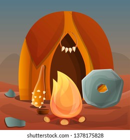Stone age leather tent concept background. Cartoon illustration of stone age leather tent vector concept background for web design