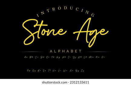 Stone Age Lettering signature font isolated on grey background. brus style alphabet. Vector logo letters.