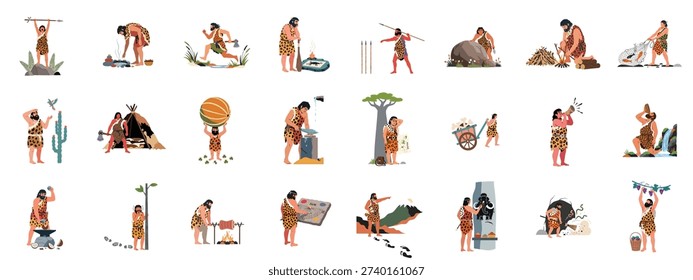 Stone Age life flat vector set depicting prehistoric people hunting, gathering, fire ignition, tool crafting, and ancient human survival activities on white background.