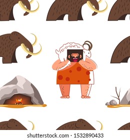 Stone age, mammoth, animal fur wearing, bearded caveman holding ship, goat and cave with fire burning inside seamless pattern kids seamless pattern, children wrapping paper, colorful flat vector illus